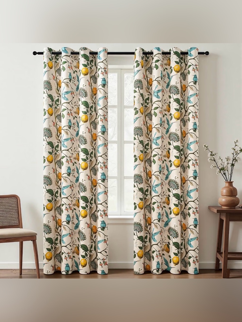 Two (2) Botanical Lemon & Teal Bird Grommet 90% Blackout Curtain Panels
